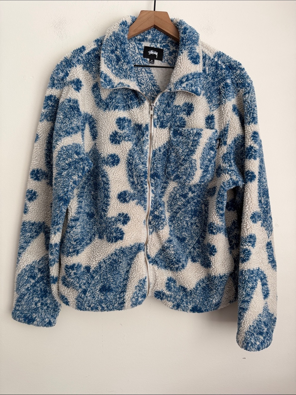 Stussy full zip big paisley Sherpa jacket blue cream M